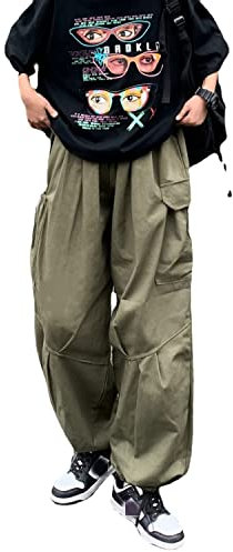 Skateboard Frog Baggy Cargohose Gothic Harajuku Hohe Taille 90er Jahre Lose Y2K Damen Streetwear Lose Hose (Army Green 2,XL)