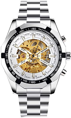 rorios Herrenuhren Automatische Mechanische Armbanduhr Leuchtende Uhr mit Edelstahlband Skelett Militär Uhr