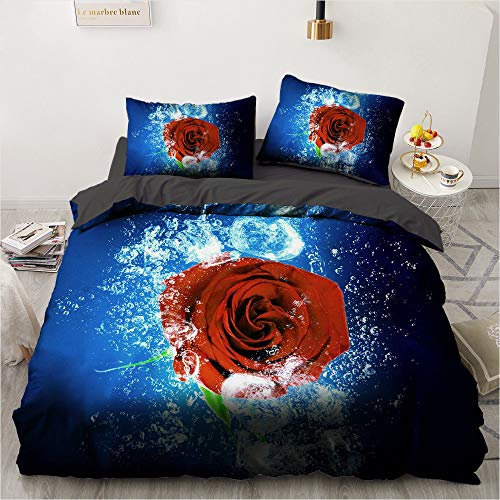 Luowei 3D Rosen Bettwäsche 155x220cm Blau Rosenmuster Vintage Blumen Bettwäsche Set Microfaser Bettbezug mit Reißverschluss und 2 Kissenbezüge 80 x 80 cm