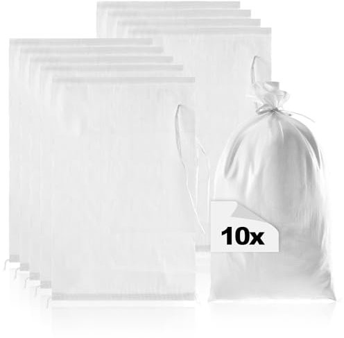 COM-FOUR® 10x Sandsack bis 20kg - Premium PP Sack mit Befestigungsband - extrem robuster Gewebesack mit Schnürband - widerstandsfähiger Hochwasser-Schutzsack (weiß - 10 Stück - bis 20kg)