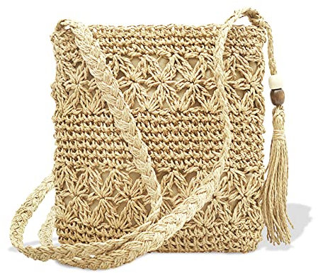 DUGEHO Straw Bag for Women,Summer Vintage Beach Straw Bag with Tassel Beach Straw Handbag Crossbody for Women Travel Vacation Leisure Braided Bag(Off-white)