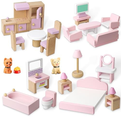 25Pcs Wooden Dollhouse Furniture Set,5 Room Kit Pretend Play Doll House Furniture,Dolls House Accessories with Kitchen,Dining Room,Living Room,Bedroom,Bathroom for Children Kids Girls Playhouse Toy
