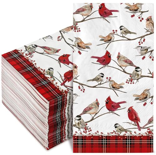 AnyDesign 100 Stück Weihnachtsgäste-Servietten Einweg Rotkehlchen Vogel Zweig Papierservietten Xmas Winter Plaid Abendessen Handservietten für Weihnachten Winter Urlaub Party Supplies, 39 x 33 cm
