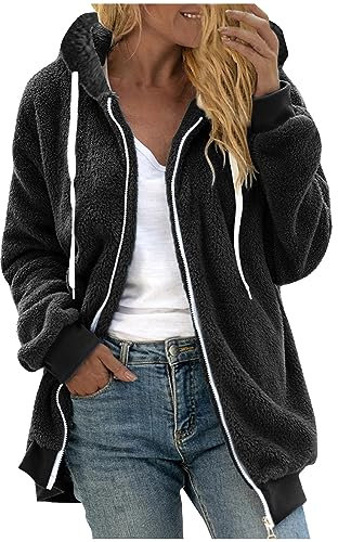 2023 Manteaux Polaire Zippée pour Femme Mode en Peluche à Capuche Épaissir Blouson Chaud Hiver Décontractée Doux Ample Veste