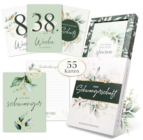 EULENTALER® Meilensteinkarten Schwangerschaft I Von Hebammen & Pädagogen gestaltet I Mit handgemalten Illustrationen I Beschreibare Rückseiten I Geschenkidee für werdende Mütter I 55 Karten mit Box