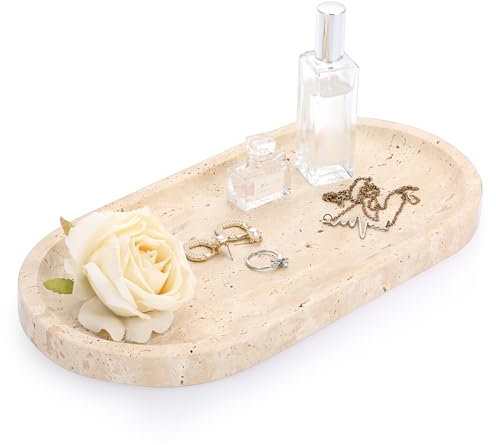 SUMNACON Plateau de service en travertin naturel pour salle de bain, plateau de rangement ovale beige, plateau de rangement pour table de commode