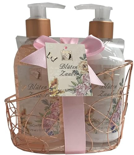 Accentra Badeset BLÜTENZAUBER in Drahtkorb, inkl. 260ml Duschgel, 260ml Bodylotion, Duft: Maracuja & Grapefruit - rosa/beige