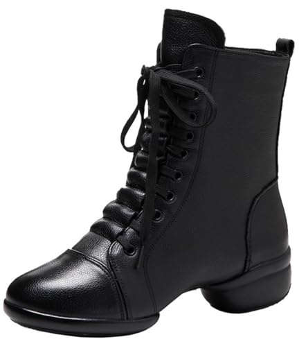 Amtopiyo Donna Vera Pelle Danza Jazz Stivaletti Suola Divisa Allacciatura & Cerniera Laterale Scarpe da Ballo SH050 Nero EU38.5=CN40