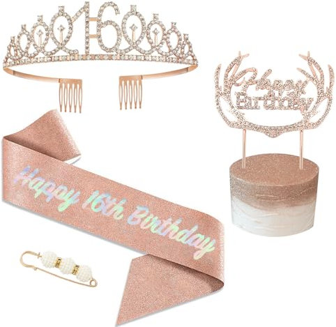 POPOYU 50 Geburtstag Krone und Schärpe Roségold,Krone 50.Geburtstag,50. Geburtstag Schärpe und Tiara Kristall Kuchenaufsätze Kit,Krone 50 Geburtstag Frauen für Geburtstag Geschenk Partyzubehör Dekor