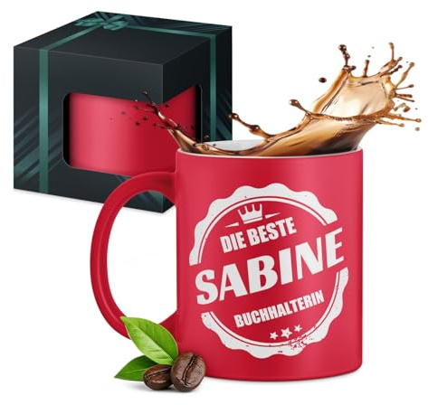 Maverton Keramikbecher 330ml mit Gravur - Kaffeetasse mit funktionellem Henkel - personalisierter Kaffeebecher für Frauen zum Geburtstag - Becher zu Weihnachten - matt rot/innen weiß - Buchhalterin