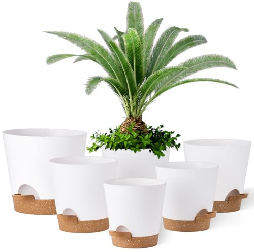Gardrium Lot de 6 Pots de Fleurs en Plastique (20,3-17,8-16,5-15,2-14-12,7 cm) - avec Trous de Drainage - pour l'intérieur et Le Balcon - Blanc avec Soucoupe Marron