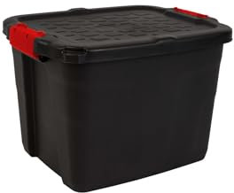 Strata Heavy Duty Large Storage Box, 42L, Lockable, Indoor/Outdoor, Clip Lock, Black with Red Handles