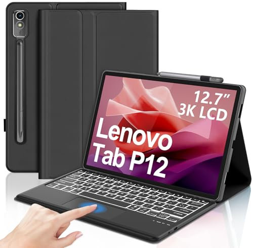 IVEOPPE Clavier Lenovo Tab P12 12.7 Pouces 2023 avec Trackpad, Rétroéclairage 7 Couleurs, Détachable AZERTY Français Touchpad Clavier Étui pour Tablette Lenovo Tab P12 12.7 (TB370FU), Noir