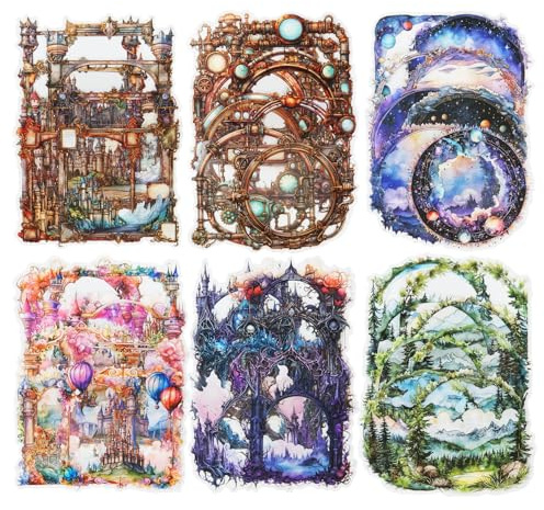 AuriicLeaf 60 Stück Fantasy-Rahmenaufkleber für Scrapbook Journaling | Transparentes PET mit Schloss, himmlische, gotische und Waldrahmendesigns für Junk Journals, Collagen