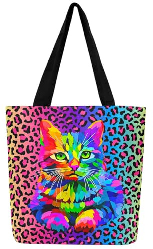 Homewish Kawaii Katze Leinwand Tasche Regenbogen Leopard Druck Lebensmitteltasche, Cartoon Kätzchen Leinwand Einkaufstasche Ombre Tier Einkaufstasche, Gepard Gedruckte Strandtasche