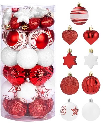 SOBEAU 35 Pièces Boules de Noël, Decoration Sapin de Noel en Plastique 6cm, Boule Sapin de Noël Suspension pour Arbre de Noël, 9 Styles Boules de Noël Decoration Noel pour Fête(Blanc et Rouge)
