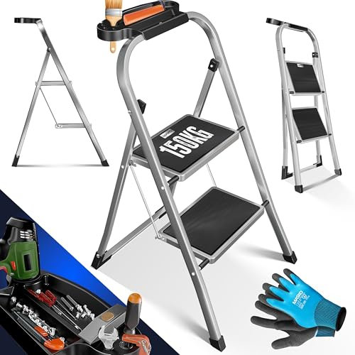 MASKO® Trittleiter Klappleiter 2 Stufen-Leiter Stufenleiter belastbar bis 150 kg | Tritthocker Anti-Rutsch | Klapptritt Leiter inkl. Handschuhe, Werkzeugablage & automatisches Schloss, Grau