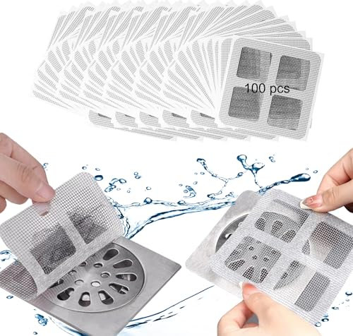 Qaestuan 100 Pcs Autocollants Jetables pour Canalisations de Douche, Protection de Drain Filtre Evier, Attrape-Cheveux, Filtre Cheveux Autocollants en Maille, pour Salle de Bain, Baignoire, Cuisine