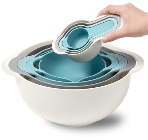 8 Piece Plastic Mixing Bowls Set, Nesting Bowls with Handle Includes 2 Mixing Bowls, 1 Colander, 1 Sifter, 4 Measuring Cups for Kitchen Cooking Baking, Space Saving RV Camping Accessories(Blue)