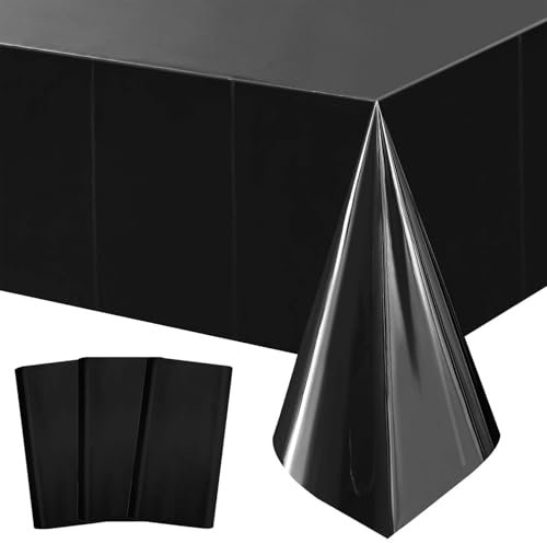 POPOYU 3Pcs Metallic Black Foil Table Cloth,54x108 Inch Rectangle Party Table Cover Tablecloth Golden Tableware Black Table Decoration for Christmas,Wedding,Birthday,Halloween,New Year Party Supplies