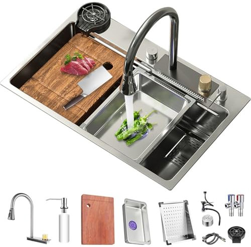 Fregadero de cocina plateado, fregadero de cocina bajo encimera de acero inoxidable con cascada, fregadero de cocina de un solo tazón, con grifo extraíble, lavaplatos presurizado (60 x 45 x 21 c