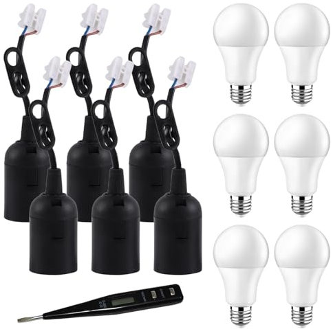 SPORWAY Lampenfassung E27 Set: 6 Stück Fassung und 6 Stück 6500K Kaltweißes LED Bulb Mit Spannungsprüfer, Baulampenfassung für Pflanzenbeleuchtung Büroküchen Aquariumbeleuchtung