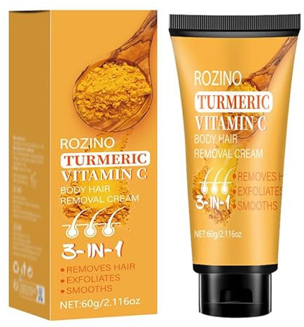 Kurkuma + Vitamin C Haarentfernungscreme, Gesichts-Feuchtigkeitscreme für Frauen, Oberlippenentferner-Creme, sanfte Enthaarung, schmerzlos, nicht reizend für empfindliche Haut, für Intimbereich, Arme
