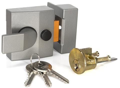 TSS Modern Deadlocking Nightlatch, 40mm Backset, Complete with Rim Cylinder Lock Supplied with 3 Keys. External Door Lock for Front Door and Back Door. (Grey Lock/Brass Cylinder)