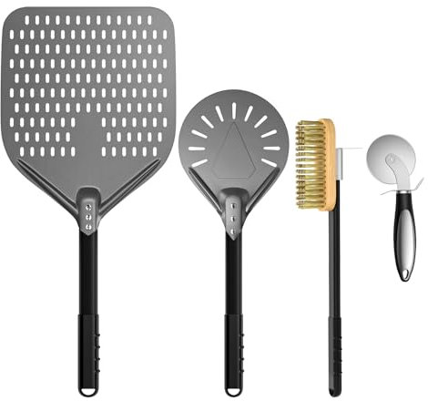 G.a HOMEFAVOR Pelle à Pizza Perforée de 30 cm – Pelle a Pizza Professionnelle de 23 cm avec Aluminium Anodisé Dur, Brosse à Pizza, Roue à Cutter à Pizza pour Intérieur et Extérieur