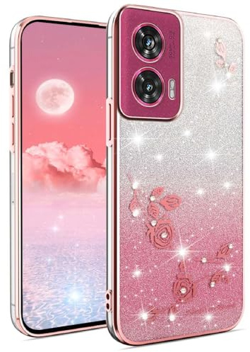 YUEQIAN Glitter Case for Motorola Edge 50 Fusion, Ultra Thin Transparent Soft Silicone TPU Bumper Shockproof Cover, Elegant Bling Diamond Flowers Women Girls Case. Pink