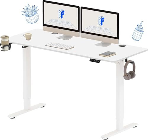 FLEXISPOT Höhenverstellbarer Schreibtisch Basic 110x60cm - Ergonomisches Sitz-Stehpult mit Haken und BECHERHALTER - Memory-Handsteuerung(Weiß)