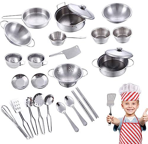 25Pcs Kids Play Kitchen Toy Accessories Kitchen Pretend Toy Set Stainless Steel Pots and Pans Playset Cooking Utensils Set Educational Toys for Boys Girls Toddlers Holiday Birthday Gifts