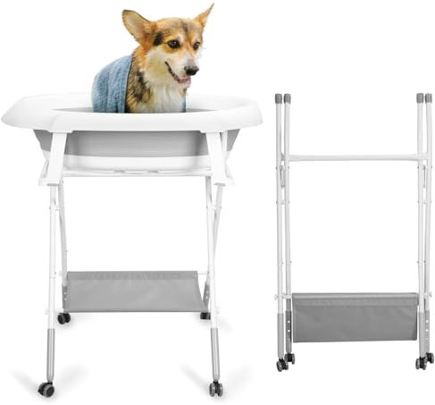 joukares Hundebadewanne, höhenverstellbare, Faltbare Hundewaschstation mit Pflegetisch und 3-Gang-Einstellung, zusammenklappbare, tragbare Duschbadewanne für kleine Hunde und Katzen Grau