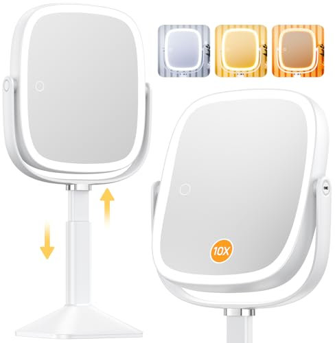 Gospire Rectangle Lighted Makeup Mirror with Lights 3 Color, Height Adjustable and 1X/10X Magnifying, 4000mAh Rechargeable Battery for Bedroom, 8.5”x7.4” Large Surface, Stepless Dimming - White