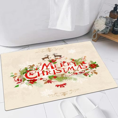 FSDGY Badvorleger Fußmatte Flauschig Teppich Badezimmerteppich Duschmatte für Bade & Wohnzimmer Schlafzimmer,Vögel Bowknot Blumen Rentier Frohe Weihnachten,40x60 cm