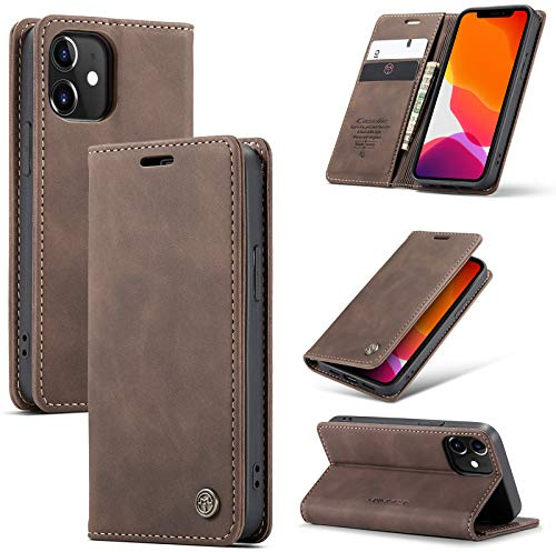 WJXEXRS Handyhülle für iPhone 12 / iPhone 12 Pro Hülle, Premium Klapphülle Leder Schutzhülle Klappbar mit Kartenfach Ständer Magnet Handytasche Standfunktion Flip Case Lederhülle iPhone 12 -Kaffee