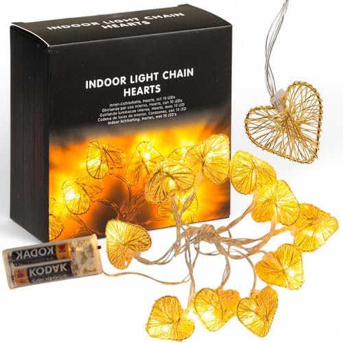 MIJOMA LED Herz Lichterkette – 1,65m mit 10 warmweißen LEDs – Batteriebetrieben – Romantische Dekobeleuchtung für Innen – Stimmungsvolle Lichtgirlande für Hochzeit, Schlafzimmer & Feste
