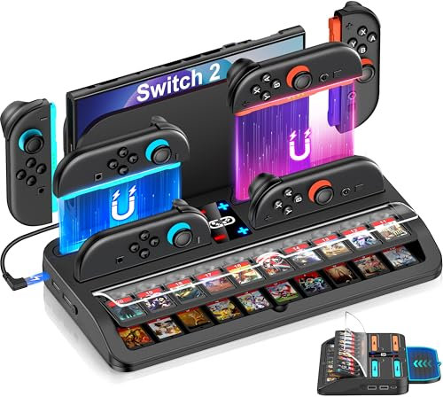 Switch 2 Games Organizer Station with Controller Charger Desktop Charging Dock for Nintendo Switch 2 Joy-Con Controllers 4 Joy-Con Charging & 20 Game Card Slots NS 2 Accessories Kit Storage