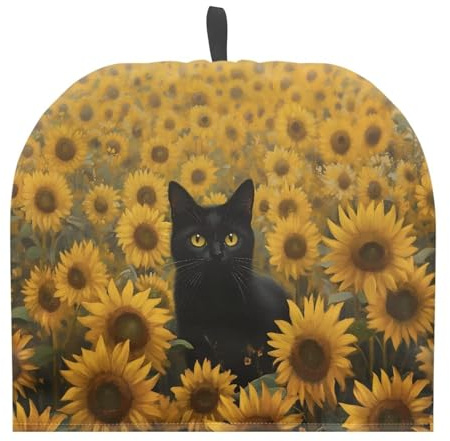 Urndoeng Black Cat Tea Cosy for Breakfast & Tea Time,Sunflowers 600D Polyester Heat-Resistant Cover w/Hanging Loop, 4-8 Cup Teapot Insulator, British Farmhouse Kitchen Décor​