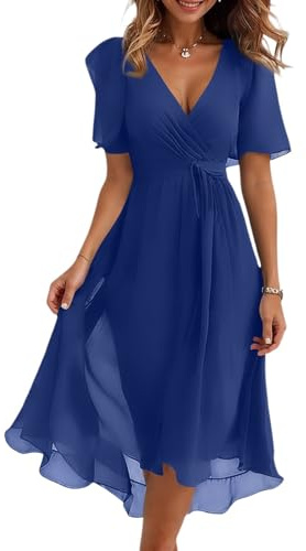 Kleider Damen Sommer Elegant Lang Chiffon Sommerkleid A-Linie Hohe Taille Abendkleid Boho Kleid Kurzarm Cocktailkleid Frauen Midi Casual Wickelkleid V-Ausschnitt Bindegürtel Strandkleid Party