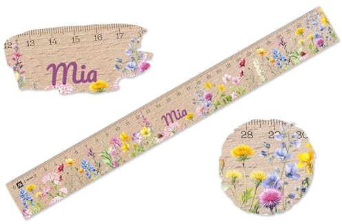 Shirtracer Holzlineal 30 cm personalisiert Wildblumen mit Name | Holz, 30 cm, Einschulung, Schulanfang, Schulkind, Schulstart, Erstklässler, Grundschule, 1. Klasse, Botanik, Garten