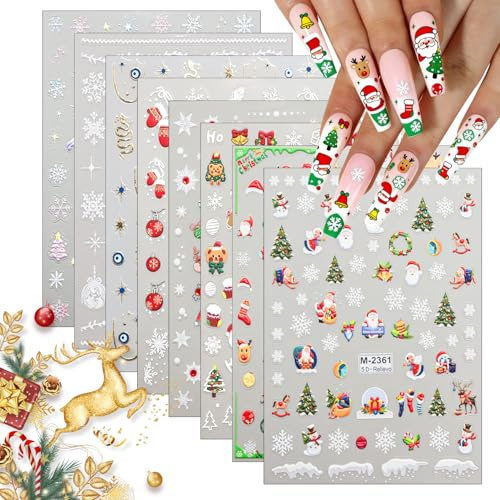 NO.1 5D Effekt Weihnachten Nagelsticker - 8 Blätter selbstklebende Xmas Nageldesigns mit Rentieren, Schneeflocken & Schneemännern für Frauen & Mädchen DIY Nagelkunst DIY Dekorationen