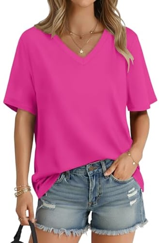 Cuptacc Tee Shirt Femme Col V Manches Courtes Ample Léger T Shirt Femme Été Basique Décontracté Tunique