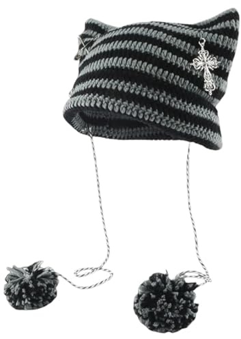 OIXYEY Beanie Y2K Cat In The Hat Striped Crochet Slouchy Hat Winter Warm Knitted Alt Headwear Accessories,Goth Emo Beanie,Grunge Clothes Mit Kreuzen