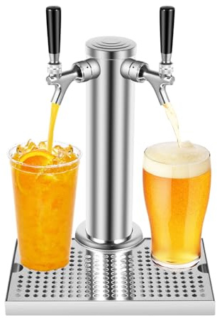 Biertower Fassbier mit Tropfschale, Edelstahl Schanksäule Zapfhahn Bierturm Spender mit 2 Zapfhahn, Homebrew Fassbierturm Bierzapfanlage für Bier Biersäule Zapfsäule Getränkesäule
