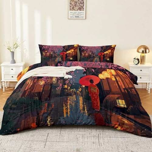 Anime japanischer Stil Straßenszene Bettbezug mit Reißverschluss, 200 x 220 cm 3-teiliges Bettwäsche-Set aus Mikrofaser, 2 Kissenbezüge, weiche & Pflegeleichte Bettwäsche für Einzel und Doppelbett