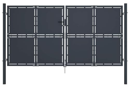 Steel Garden Gate 300 x 250 cm Anthracite, Adjustable Width 305-310 cm, Includes Lock Handle Grounding Pin, Heavy Duty Fence Gate for Garden, Yard, Driveway, High Privacy Safety