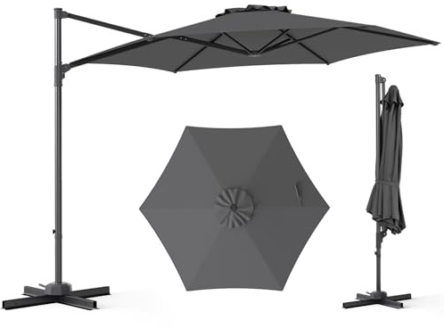 COSTWAY Sombrilla Terraza Exterior, Parasol Excentrico Jardín con Rotación de 360°, Varillas Metálicas y Base en Cruz, Parasol Colgante Exterior para Patio Terraza Piscina (300 cm,Gris)