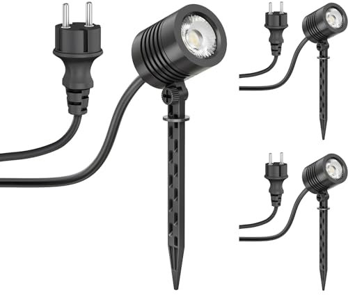 ledscom.de 3 Stück Kleiner LED Gartenstrahler mit Erdspieß TARL für außen, IP65, Stecker, schwarz, 4,3 W, 340lm, warmweiß