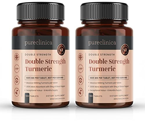 Double Strength Turmeric - 1000mg x 360 Tablets (2 Bottles of 180)- Natural Levels of Curcumin - and 5mg Black Pepper Extract.